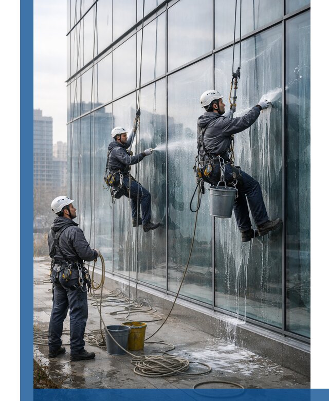 Промышленная мойка панорамных окон на высоте в Донском