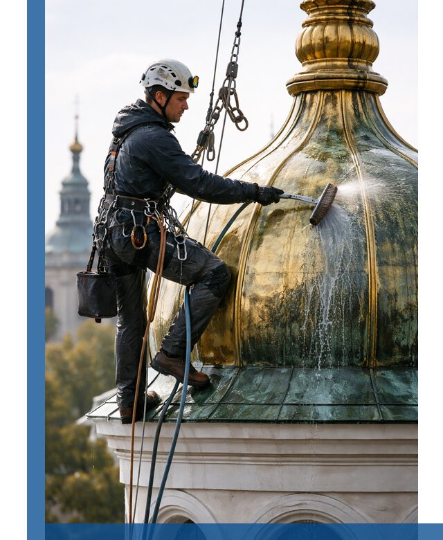 Профессиональная мойка куполов и шпилей высотными альпинистами в Донском