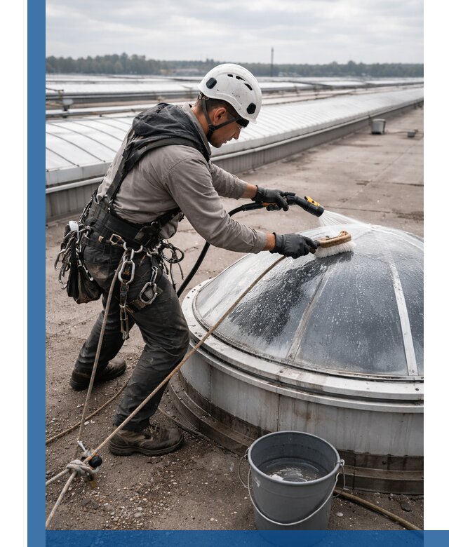 Мойка зенитных фонарей на кровле для промышленных объектов в Донском