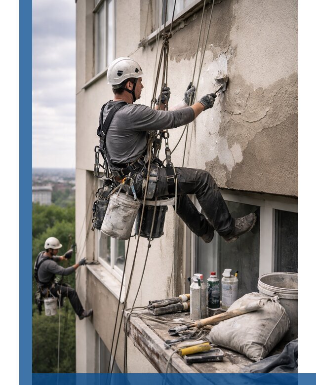 Косметический ремонт фасада зданий в Донском промышленными альпинистами