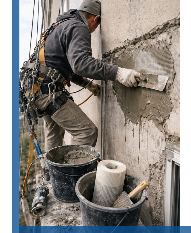 Ремонт бетонных элементов фасада промышленными альпинистами в Донском