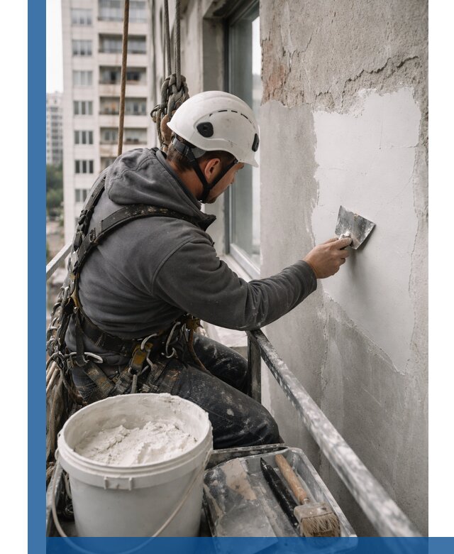 Шпаклевка фасадов на высоте с промальпинистами в Донском