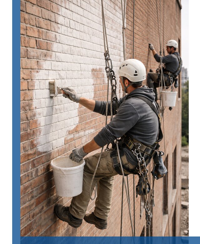 Покраска кирпичного фасада с доступным альпинистским сервисом в Донском