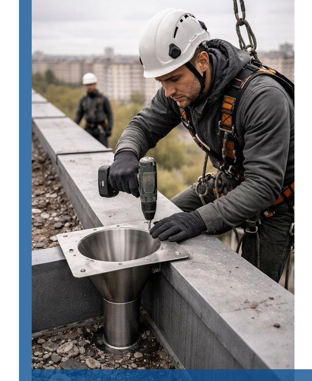 Монтаж водосточных воронок в Донском для промышленных зданий