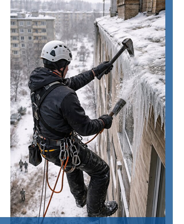 Сбивание сосулек с крыши в Донском по цене от 4559 р. | ВЫСОТНИК-Днс