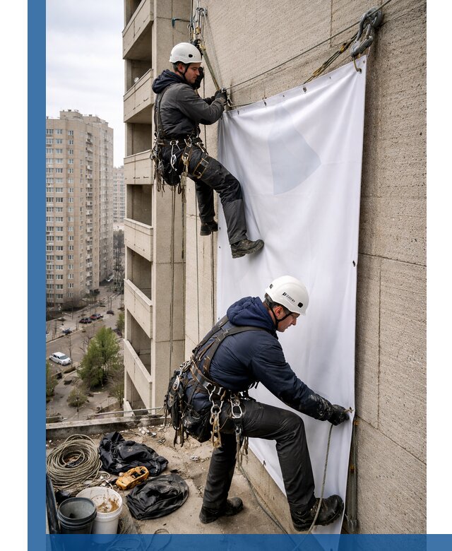 Профессиональный монтаж баннеров на фасаде в Донском