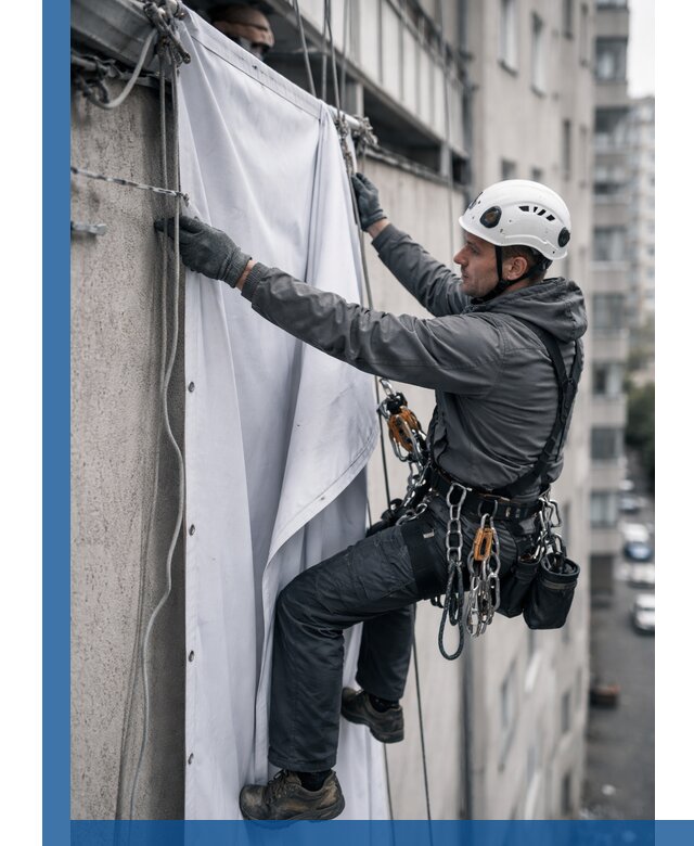 Замена баннерного полотна промышленными альпинистами в Донском