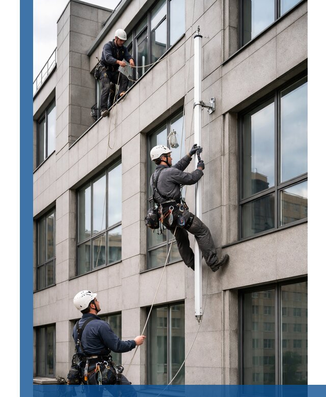 Монтаж флагштока на фасаде здания с креплением и герметикой в Донском