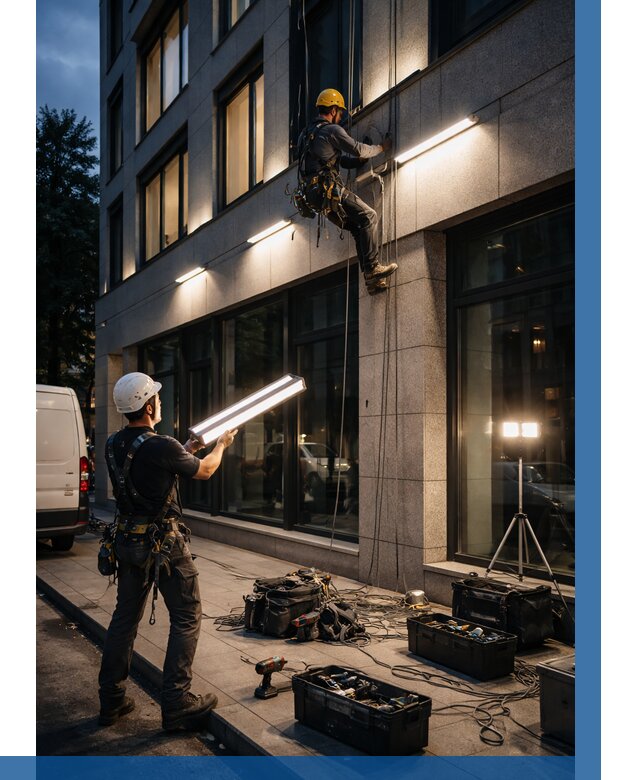 Монтаж архитектурной подсветки здания в Донском от 2533 р.|ВЫСОТНИК-Днс