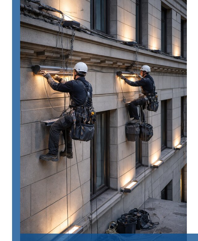 Монтаж архитектурной подсветки фасадов зданий в Донском