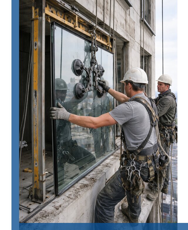 Монтаж стеклопакетов на высоте в Донском с промышленным альпинизмом