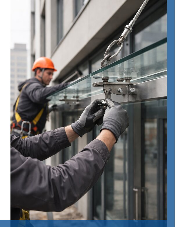 Монтаж стеклянных козырьков в Донском от 8612 р. | ВЫСОТНИК-Днс