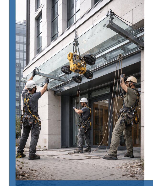 Монтаж стеклянных козырьков под ключ в Донском для зданий