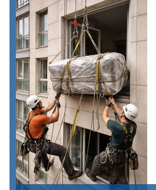 Подъем грузов через окно в Донском промышленными альпинистами