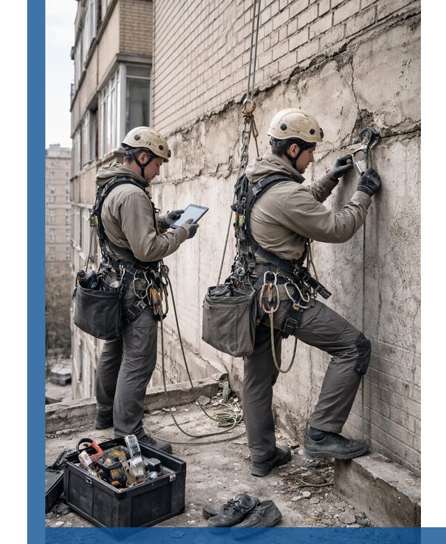 Обследование фасада промышленными альпинистами в Донском